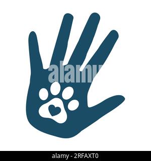 Cat paw with heart in human hand on white background. Isolated illustration. Stock Photo