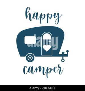 Happy Camper quote with a caravan and heart on white background. Isolated illustration. Stock Photo