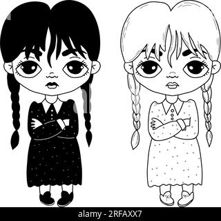 https://l450v.alamy.com/450v/2rfaxx7/wednesday-little-cute-girl-with-braids-with-dress-hand-outline-and-black-drawing-vector-illustration-isolated-cartoon-funny-characters-in-doodle-s-2rfaxx7.jpg