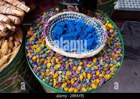 Morocco: Traditional indigo natural dye stones at a bazaar shop