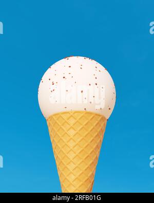 Ice-cream cone vanilla chocolate chip perfect sphere scoop blue summer sky background 3d illustration render digital rendering Stock Photo