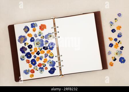 Dried pansy flower nature study with old leather notebook on hemp paper background. Floral nature composition of blue, orange, yellow &  violet colors Stock Photo