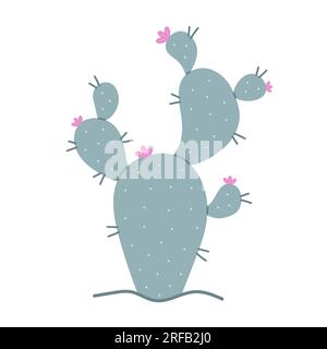 Cactus with prickles and flowers. Desert plant. Hand drawn colored flat vector illustration isolated on white background. Stock Vector
