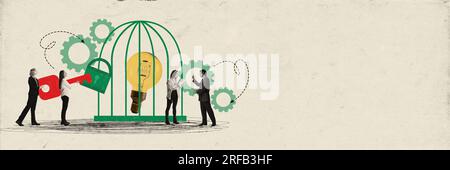 Banner. Contemporary art collage. People want to start new project, unlock startup. Employers opening with guge key electric bulb in cage. Stock Photo