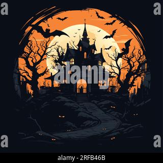 Halloween vector graveyard scene. Haunting nightmare hallowen background, cartoon horror castle scenery scary ghost at tomb stones grave in dark Stock Vector