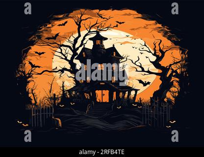 Halloween scene. Haunting nightmare hallowen background, cartoon horror ...