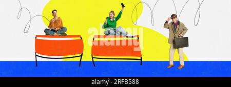 Banner of exited energetic students sitting on tables while teacher come in over yellow and white background. Contemporary art collage. Stock Photo