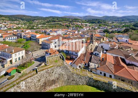 General view of Melgaco from the Keep of the castle and Serra da Peneda on the horizon. Alto Minho, Portugal Stock Photo