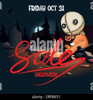 Halloween vertical background with pumpkin, haunted house and full moon. Flyer or invitation template for Halloween party. Vector illustration. Stock Vector