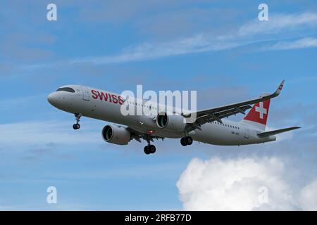 Swiss Airlines landing at London's Heathrow Airport. London - 1st August 2023 Stock Photo