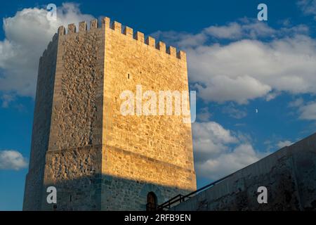 Torreon de la Lombardera in the walls of Teruel, Aragon, Spain with intense blue sky and clouds Stock Photo
