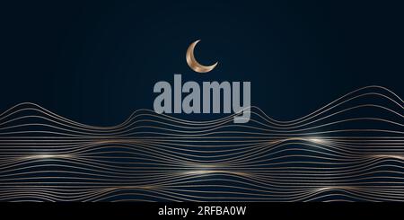Golden linear abstract mountains on dark background, Moon over wavy linear hills horizontal background. Vector banner Stock Vector