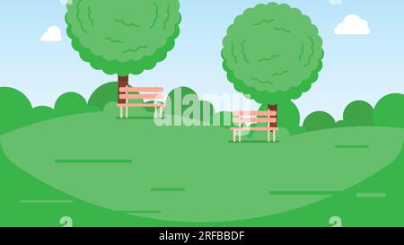 Green park with trees, bushes and bench. empty green meadow, vector illustration Stock Vector