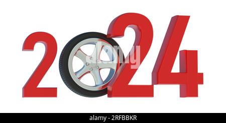 2024 New Year safe drive. Tire on alloy wheel and red number isolated on white 3d render Stock Photo