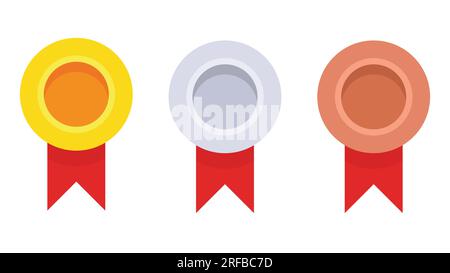 Gold, silver and bronze medals. champion and winner awards medal set with red ribbon. vector illustration Stock Vector