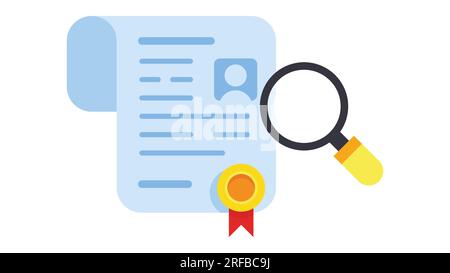 Certificate with magnifying glass. concept of verifying document or profile. vector illustration Stock Vector