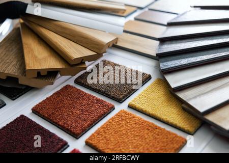 variety of flooring material and skirting samples Stock Photo