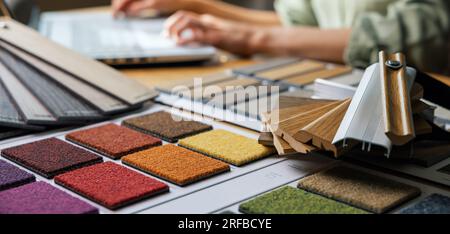 variety of design material samples on designers desk in office. banner with copy space Stock Photo