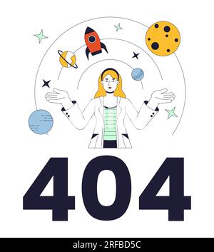 Female scientist explore galaxy error 404 flash message Stock Vector
