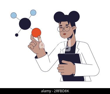 Female scientist studying molecules flat line concept vector spot illustration Stock Vector