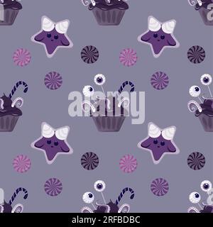 Halloween candy cookies cupcakes pattern seamless. Vector illustration Stock Vector