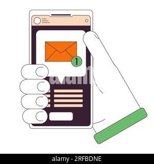 Holding smartphone with new message flat line concept vector spot illustration Stock Vector