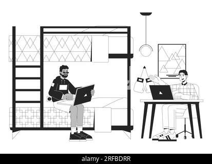 Dorm roommates studying together bw vector spot illustration Stock Vector