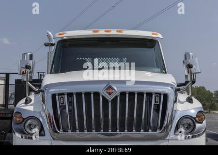 Indianapolis - August 1, 2023: International Trucks HV Series display. International offers the HV in Concrete, Construction, Municipal or Utility mod Stock Photo