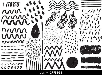 Resource of doodles, handmade marks with felt-tip pen. Graphic elements for the creation of contemporary designs. Waves, lines, zigzags, stippling Stock Vector