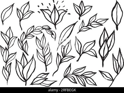 Resource of minimalist, simple leaf illustrations with very gestural strokes, for modern and avant-garde designs. Line illustrations made with brush Stock Vector