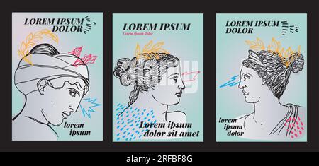Poster design resource with illustrations of female Greek statues, gestural illustration made with brush. Greek statues with crown. Resource for poste Stock Vector