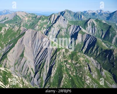 AERIAL VIEW. Deeply eroded valleys in the western part of the Vanoise Massif. Les Belleville, Savoie, Auvergne-Rhône-Alpes, France. Stock Photo