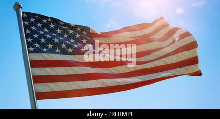 USA United States of America flag waving on blue sky background, sunny day. 3d render Stock Photo