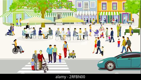 City silhouette with groups of people in leisure time in residential area,  illustration Stock Photo