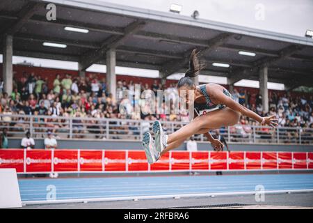 Ana Peleteiro jumping at the Bilbao International Meeting in Spain, after becoming a mother. Stock Photo