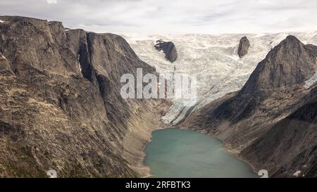 aerial photo of the glacier at the head of the tasermiut fjord in greenland Stock Photo