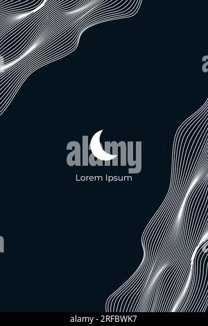 Linear abstract mountains waves on dark background, Moon over wavy linear hills backdrop. Asian motifs. Vector banner Stock Vector