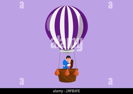 Graphic flat design drawing of lovely romantic couple kissing in hot air balloon in sky and clouds, amorous relationship man and woman. Romantic road Stock Photo
