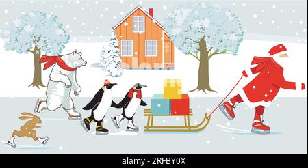 Santa Claus with polar bear and penguins skating illustration Stock Vector
