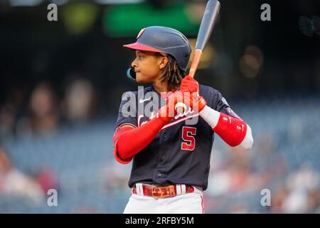 Washington Nationals shortstop CJ Abrams (5) bats during a baseball game  against the Tampa Bay Rays at Nationals Park, Wednesday, April 5, 2023, in  Washington. (AP Photo/Alex Brandon Stock Photo - Alamy