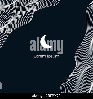 Linear abstract mountains waves on dark background, Moon over wavy linear hills backdrop. Asian motifs. Vector banner Stock Vector
