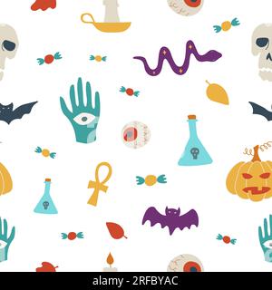 Halloween contemporary trendy vector illustrations seamless pattern. Hand drawn modern colorful elements background with pumpkin, skulls, flask, snake Stock Vector