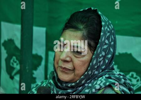 August 02, 2023, Srinagar Kashmir, India : Former Jammu and Kashmir Chief Minister Mehbooba Mufti, leader of The Jammu and Kashmir Peoples Democratic Party (PDP), addresses a press conference over the Supreme Court hearing on Article 370 abrogation, in Srinagar. The Supreme Court of India is hearing from 02 August a batch of petitions challenging the abrogation of Article 370 of the Indian Constitution that bestowed a special semi-autonomous status to the former state of Jammu and Kashmir. Prime Minister Narendra Modi-led government in India repealed Article 370 on 05 August 2019, ending the r Stock Photo