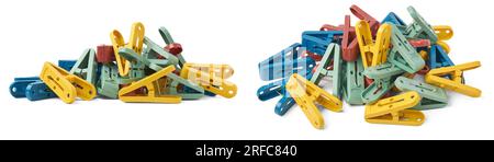 pile of colorful clips, plastic paper or laundry clips, clothespin or clothes pegs isolated on white background taken in different angles Stock Photo