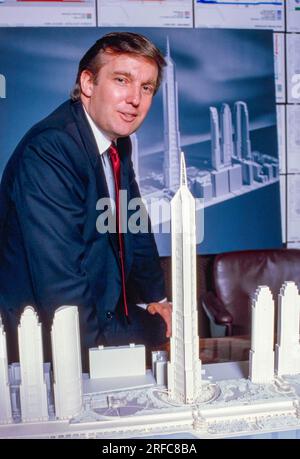 Developer Donald Trump of the Trump Organization, with architectural models of buildings of the New York skyline. Photograph by Bernard Gotfryd Stock Photo