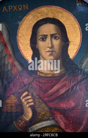 Archangel Michael. Unique icon of the 19th century in a small church in Greece. Stock Photo