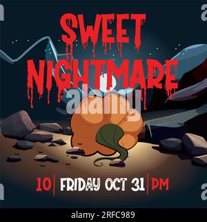 Halloween vertical background with pumpkin, haunted house and full moon. Flyer or invitation template for Halloween party. Vector illustration. Stock Vector