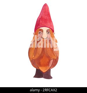 Watercolor gnome with ginger beard in green costume. Autumn. Isolated illustration. Clipart. Raster illustration for packaging, greeting cards and wra Stock Photo