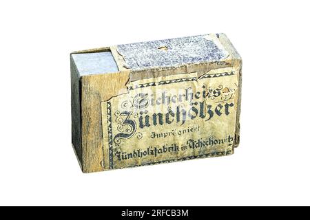 Old german matchbox, circa 1942, Czechowice, Poland. Isolated on white background. "Sicherheits Zündhölzer imprägniert Zündholzfabrik in Tschechowitz" Stock Photo