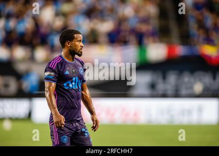 Charlotte, NC, USA. 29th July, 2023. Charlotte FC Nathan Byrne (14) during the first half of the Leagues Cup match up against the Necaxa at Bank of America Stadium in Charlotte, NC. (Scott KinserCal Sport Media). Credit: csm/Alamy Live News Stock Photo